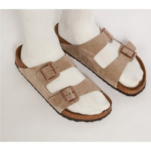 Birkenstock Arizona Taupe Suede Leather Soft Clog Sandals Regular/Wide Shoes - Picture 1 of 11